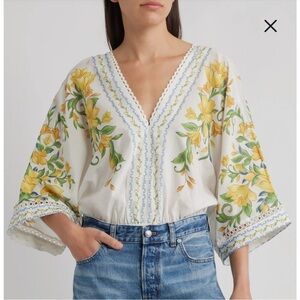 Farm Rio Floral Embroidered V-Neck Blouse - White and Yellow floral Sz  Large
